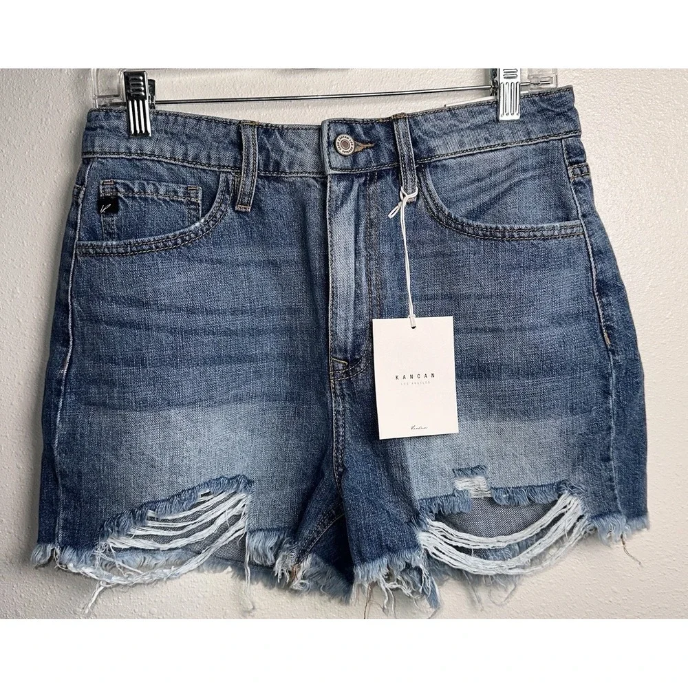 New Kancan Isabelle Jean High Rise Mom Shorts 5/26 Medium Wash Distressed Frayed